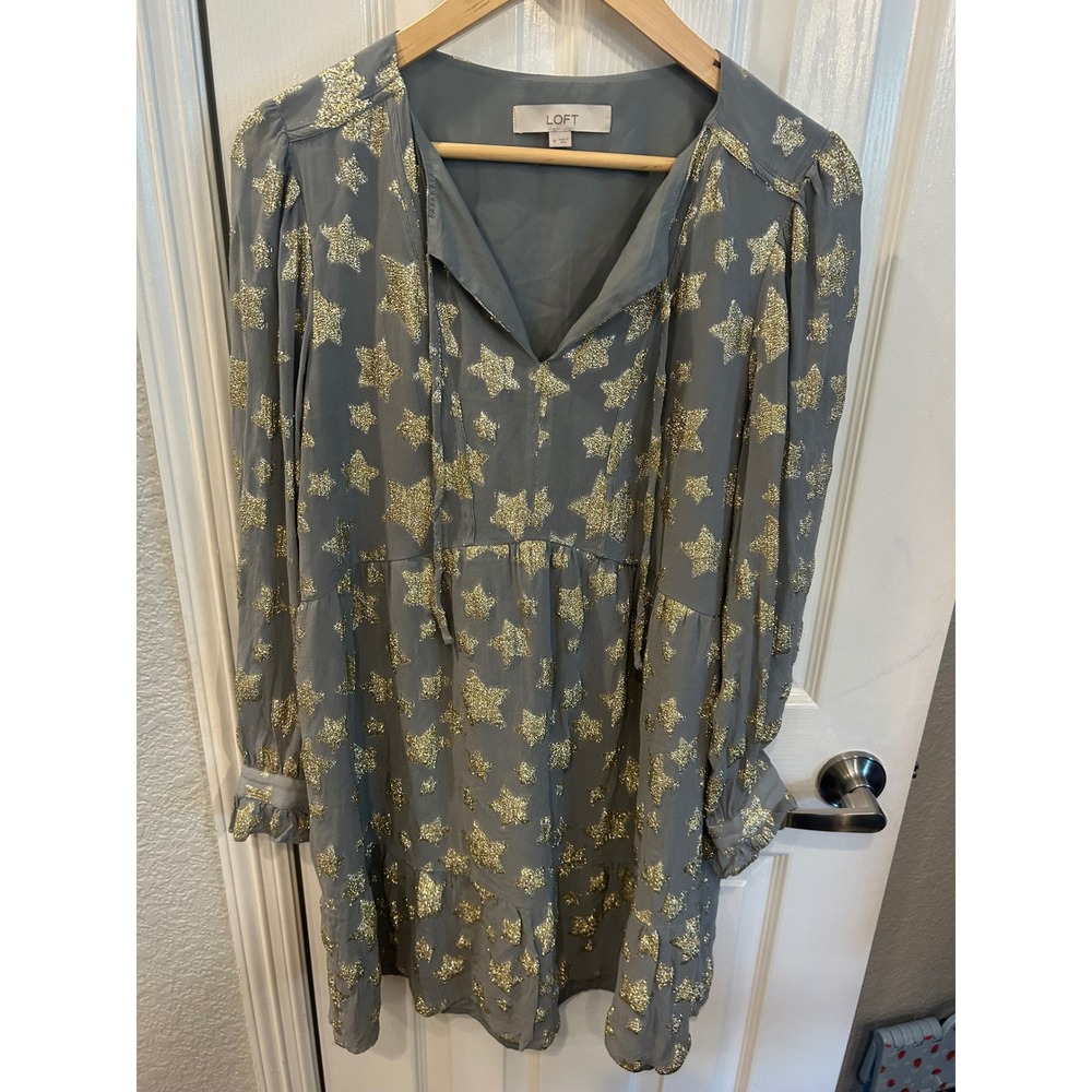 LOFT Mini Dress Grey Gold Metallic Star Celestial Tiered Ruffle Boho Holiday